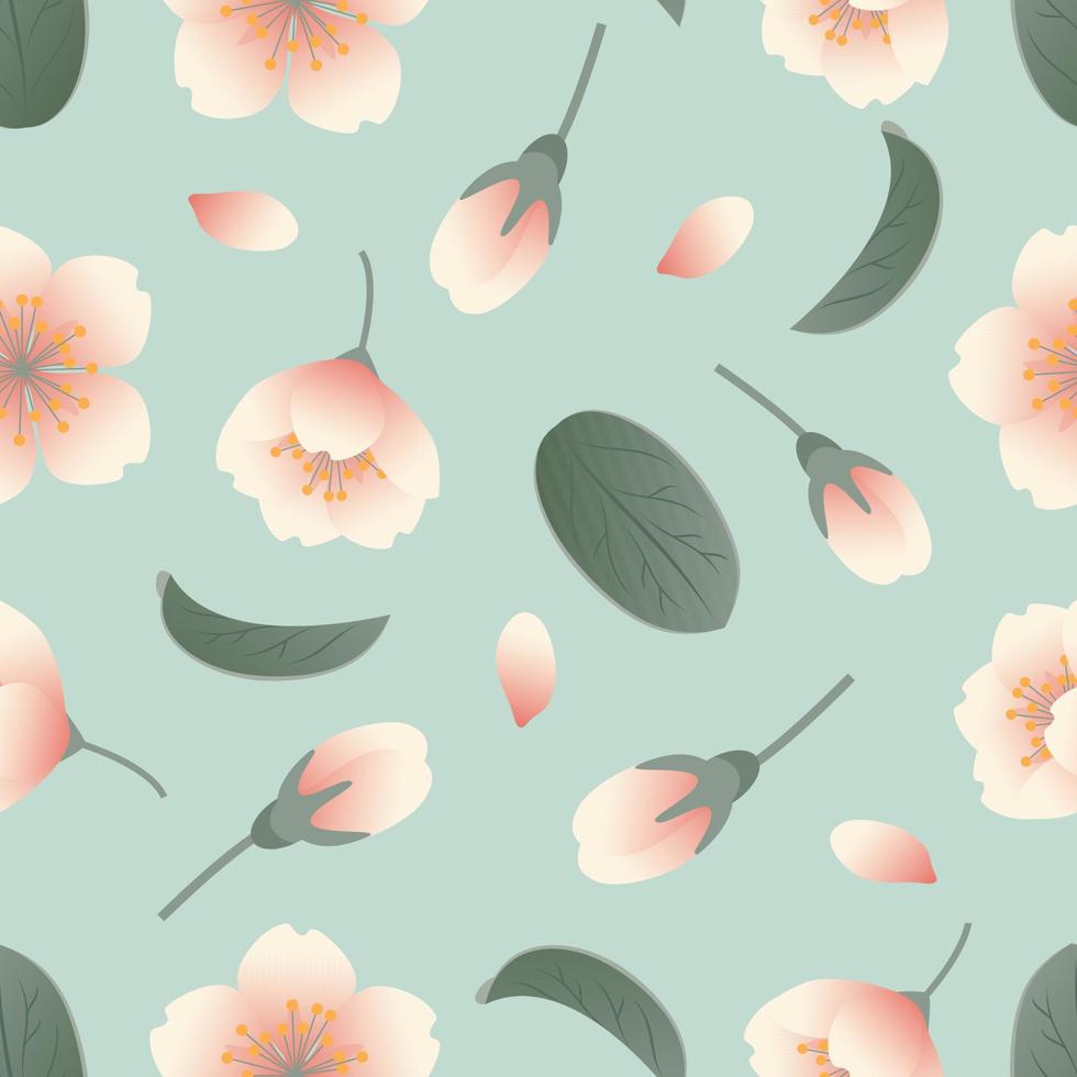 Sakura Blumen, Knospen und Blätter. nahtlos Muster. botanisch Illustration im realistisch Stil, Kirsche Blüte. Hanami Festival. zum Hintergrund, Drucken auf Stoff, Verpackung, Hintergrund. vektor