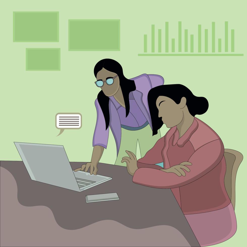 platt design av två kvinnor ser på bärbar dator dator vektor