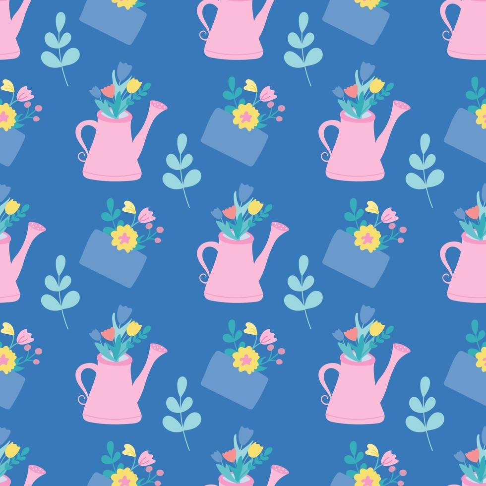 en rosa vattenkanna och ett kuvert med blommor och växter. vektor sömlösa mönster i en platt stil på en blå bakgrund