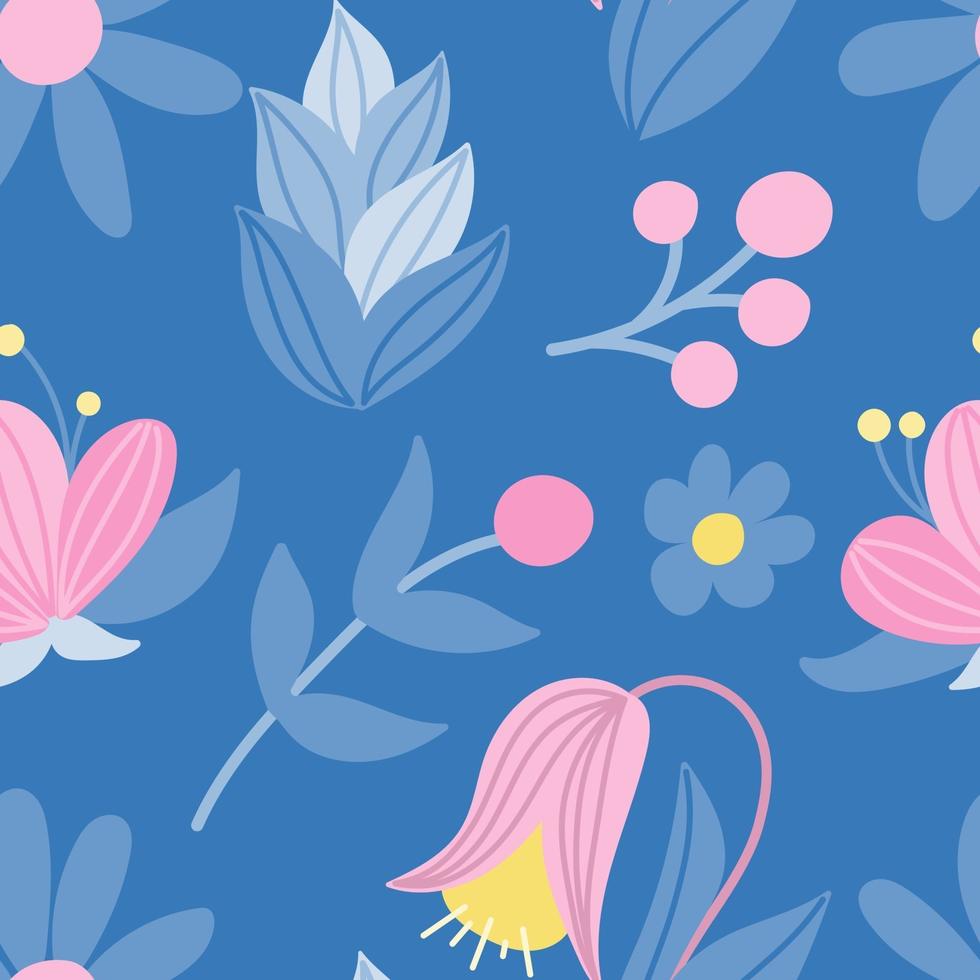 söta rosa och blå blommor. vektor sömlösa mönster i platt stil