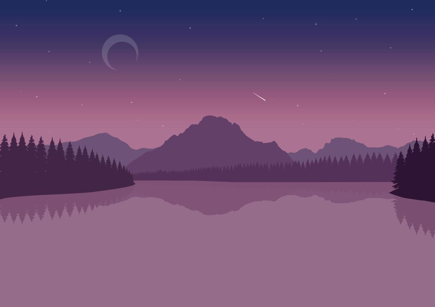 natt sjö landskap vektor med en måne och lila tona.