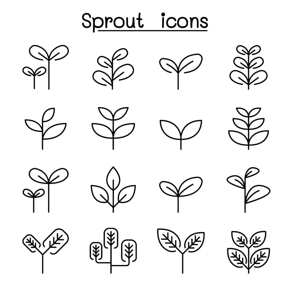 gro, växt, trädtopp, blad ikonuppsättning i tunn linje stil vektor