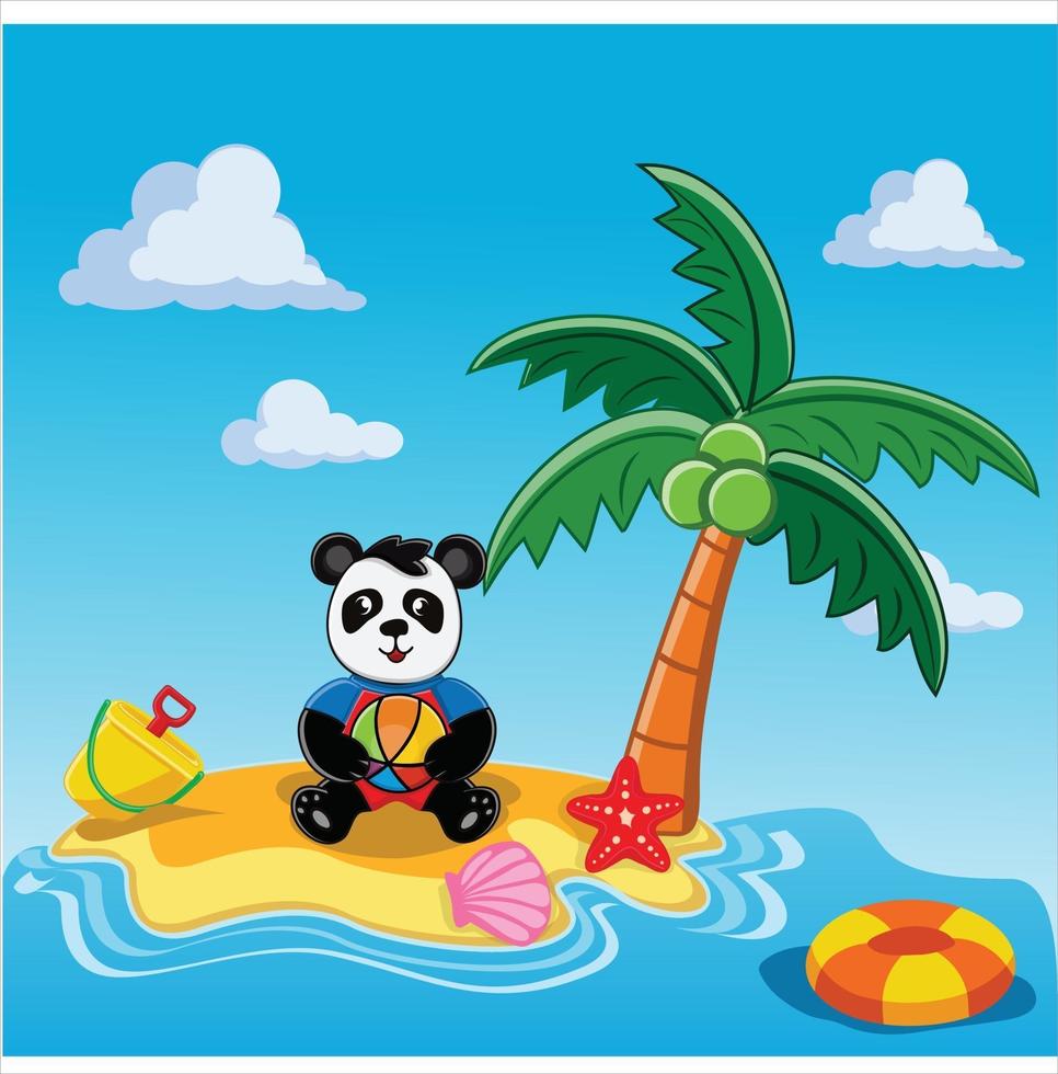 Panda spielt mit Ball und Sand am flachen Design des Strandes vektor