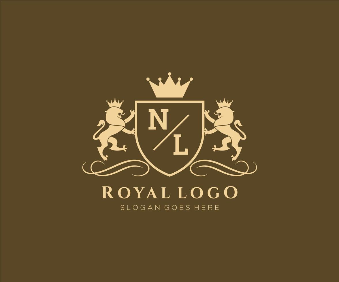 första nl brev lejon kunglig lyx heraldisk, vapen logotyp mall i vektor konst för restaurang, kungligheter, boutique, Kafé, hotell, heraldisk, Smycken, mode och Övrig vektor illustration.