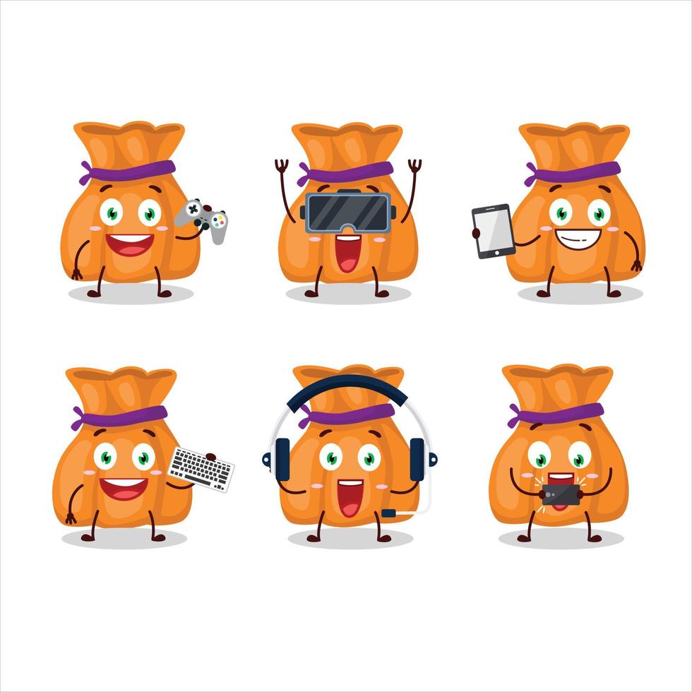 Orange Süßigkeiten Sack Karikatur Charakter sind spielen Spiele mit verschiedene süß Emoticons vektor