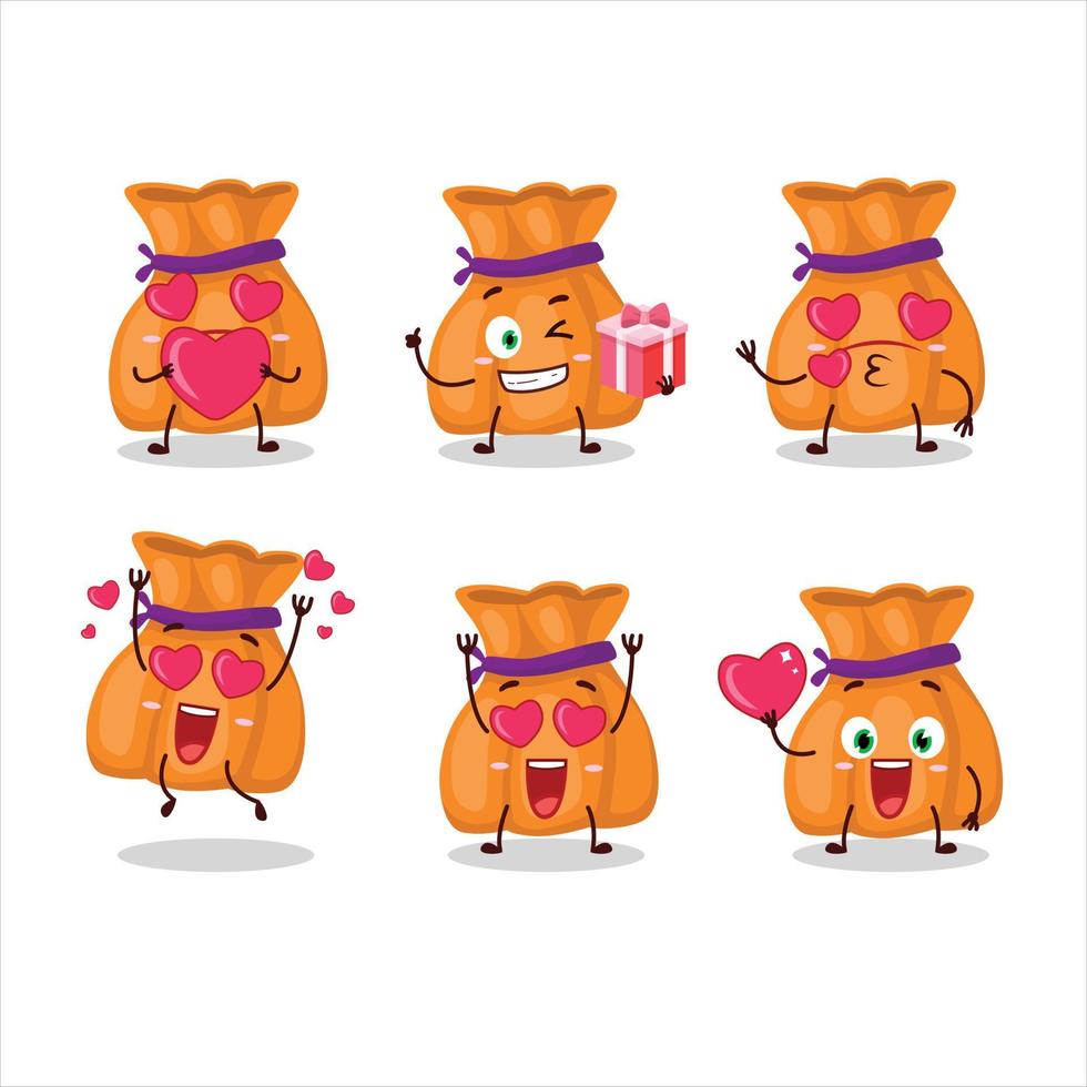 Orange Süßigkeiten Sack Karikatur Charakter mit Liebe süß Emoticon vektor