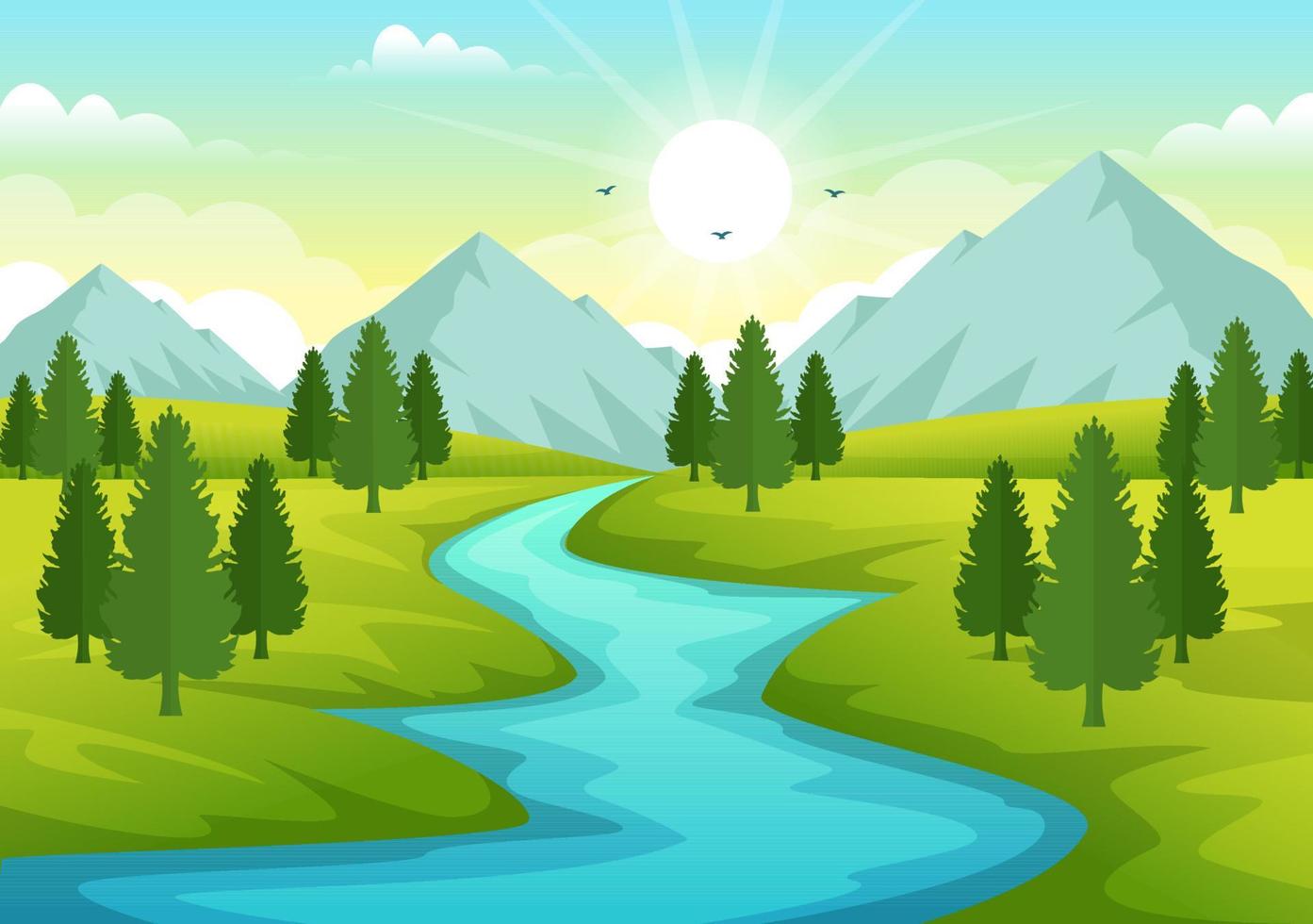 Fluss Landschaft Illustration mit Aussicht Berge, Grün Felder, Bäume und Wald Umgebung das Flüsse im eben Karikatur Hand gezeichnet Vorlagen vektor