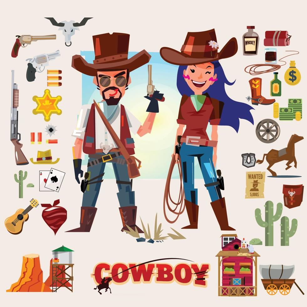 Cowboy und Cowgirl Charakter mit Zubehör Icon Set - Vektor