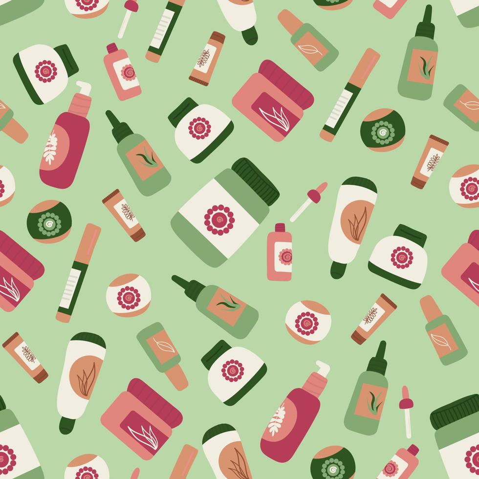 skönhet kosmetisk Produkter bunt av organisk kosmetika och smink objekt i flaskor, rör och burkar. vektor illustration