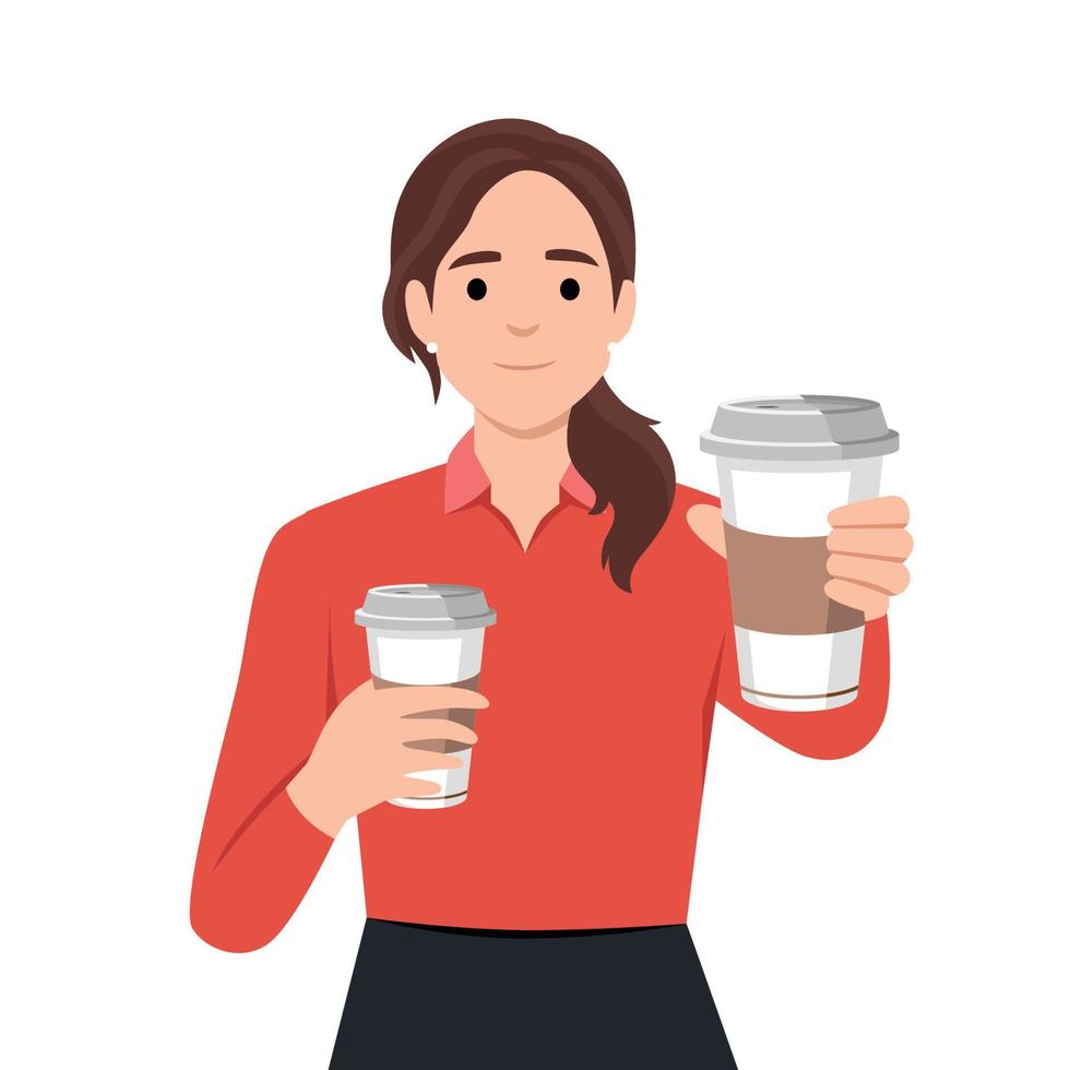 leende ung kvinna med kaffe koppar i kopp erbjudande dryck till vän. Lycklig flicka sträcka hand med hämtmat värma dryck till kamera vektor