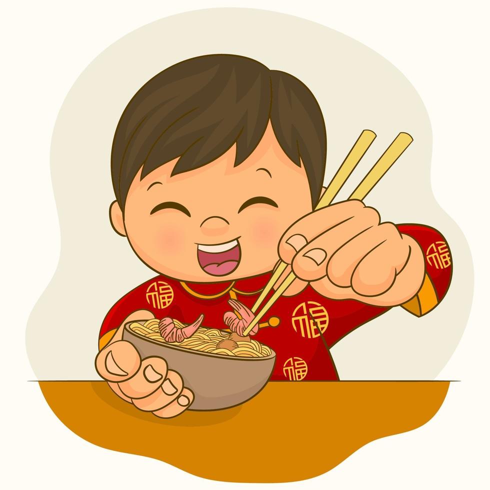 Junge in chinesischer Kleidung, der eine Schüssel Ramennudeln isst vektor