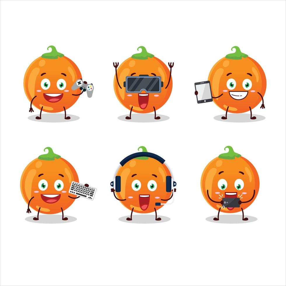 halloween orange godis tecknad serie karaktär är spelar spel med olika söt uttryckssymboler vektor