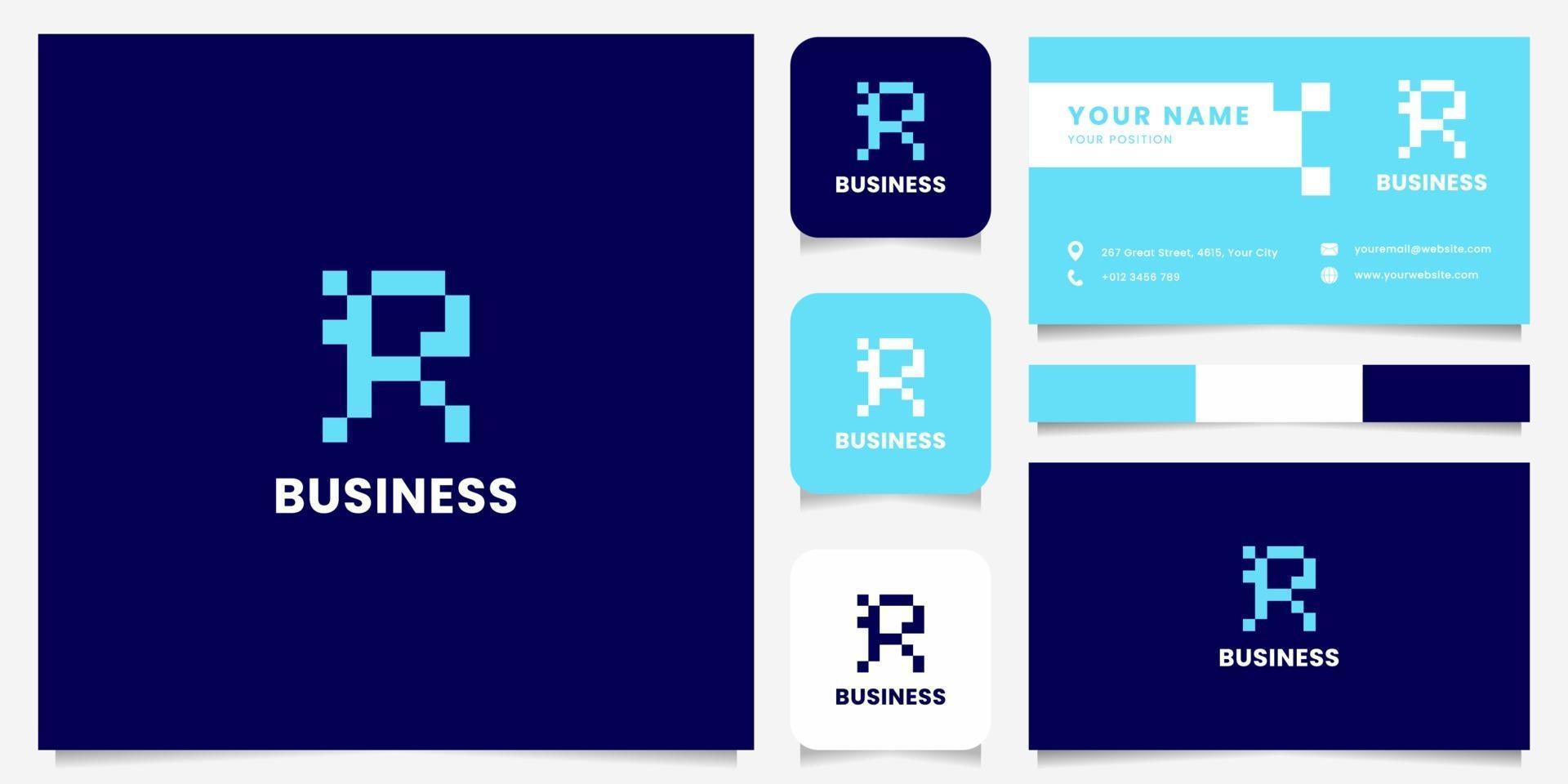 einfaches und minimalistisches blaues Pixelbuchstaben-r-Logo mit Visitenkartenschablone vektor