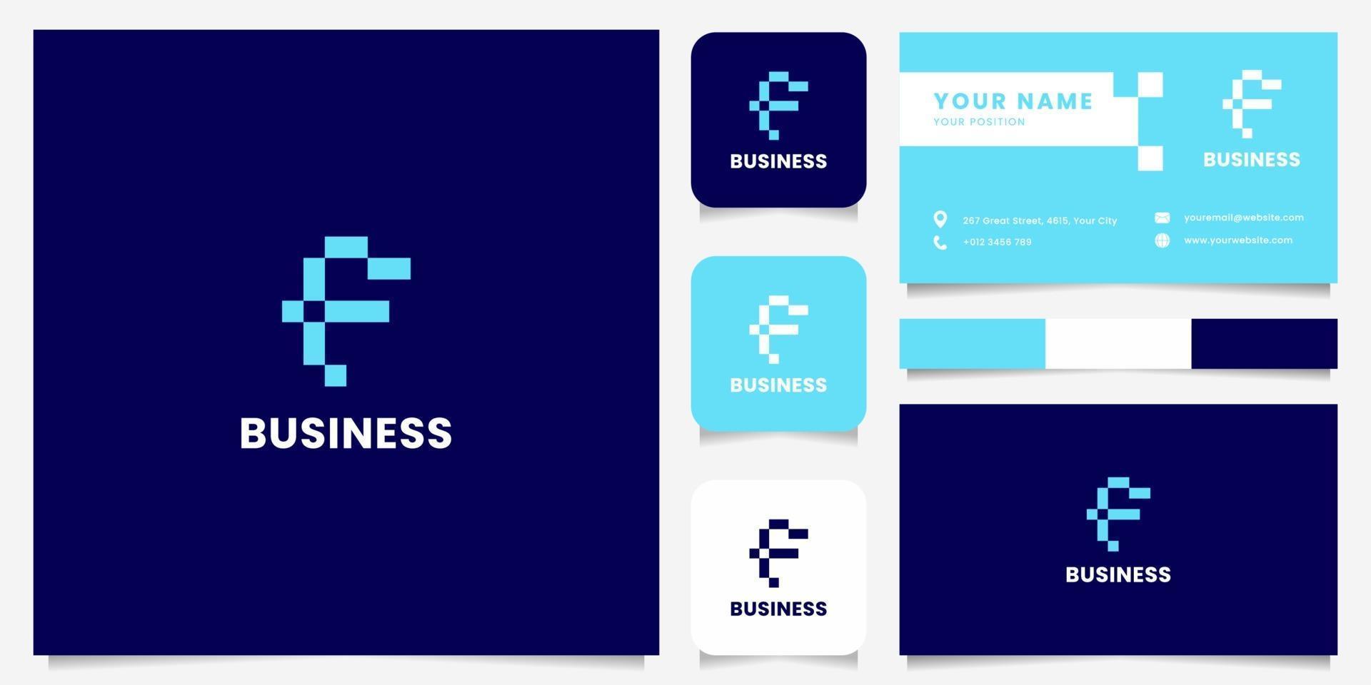 einfaches und minimalistisches blaues Pixelbuchstaben-f-Logo mit Visitenkartenschablone vektor
