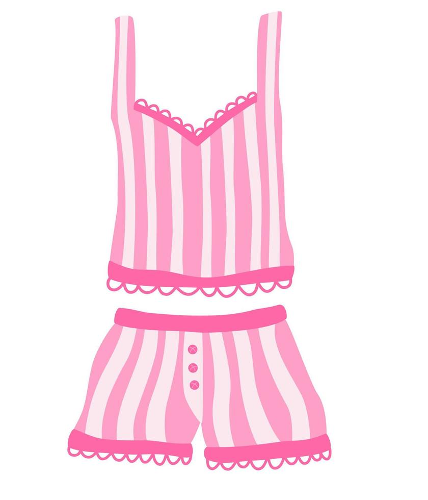 Damen Pyjama. süß Rosa Pyjama zum Frauen mit kurze Hose und gestreift T-Shirt. Nacht Zubehörteil zu schlafen, Reise und Erholung. Vektor Illustration