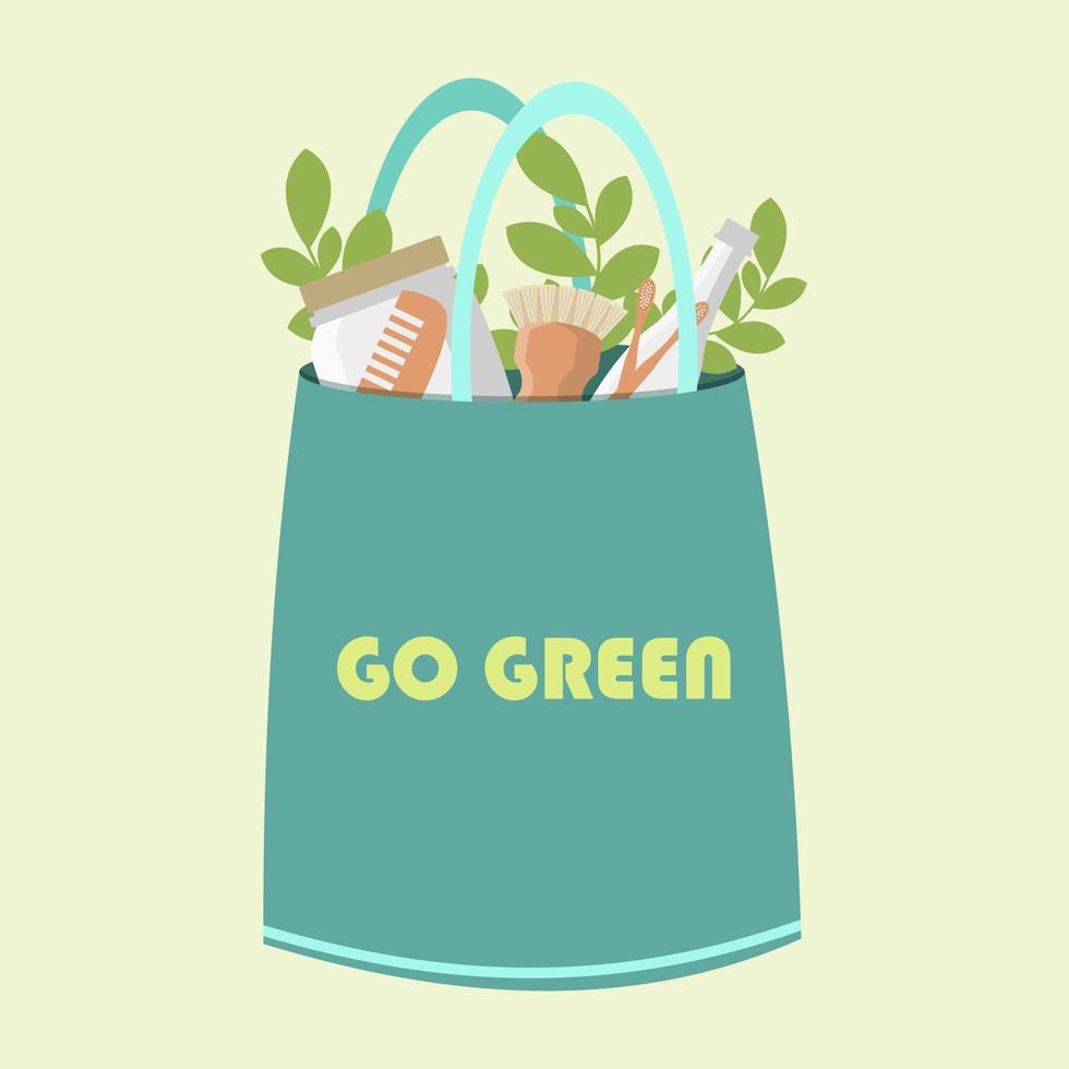 eco grön väska med text vektor illustration. återanvändbar handla väska med text gå grön. ekologi handla. handväska med typografi
