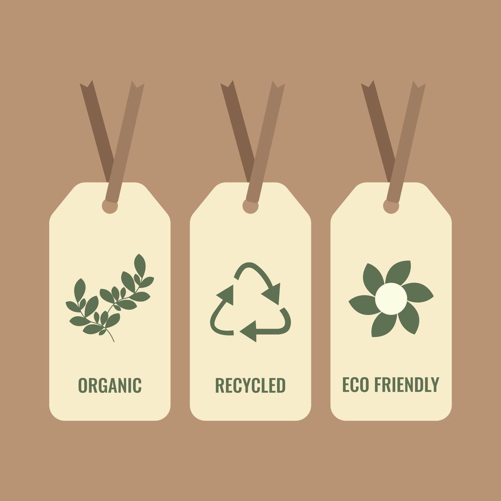 drei Weiß Öko Stichworte mit Grün Zweig, recyceln Symbol, und Blume. Vektor Illustration