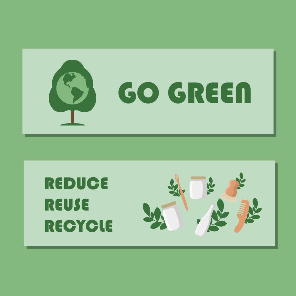 Öko Flyer mit Beschriftung gehen grün. Poster, Karte, Etikett, und Banner Design Ökologie Thema. Vektor Illustration