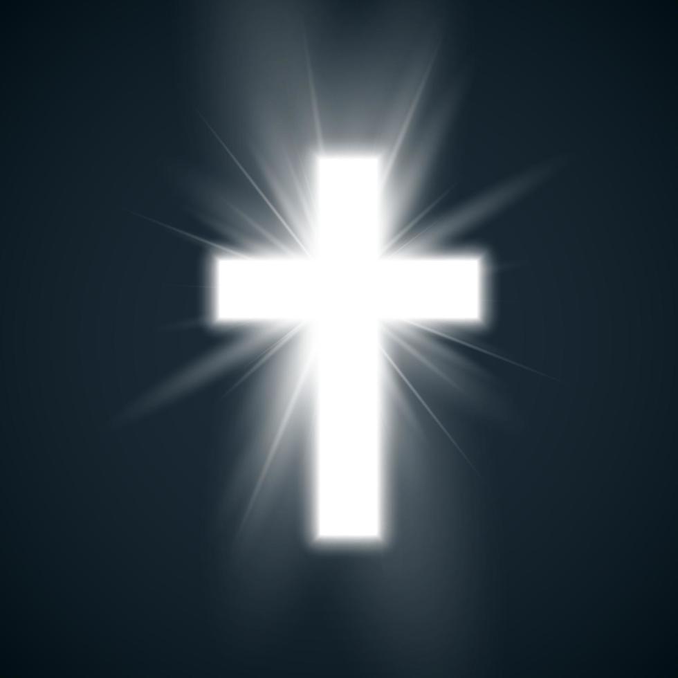 vit korsa med glöd symbol av kristendomen. helig korsa på mörk bakgrund. symbol av hoppas och tro. vektor illustration