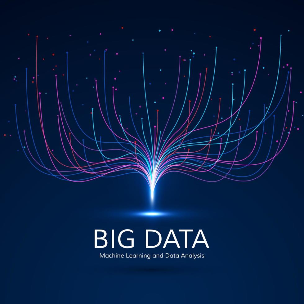 abstrakt groß Daten visuell Konzept. Digital Technologie Visualisierung. Maschine Lernen und Daten Analyse. Punkt und Verbindung Linien Daten fließen und wird bearbeitet Information. Vektor