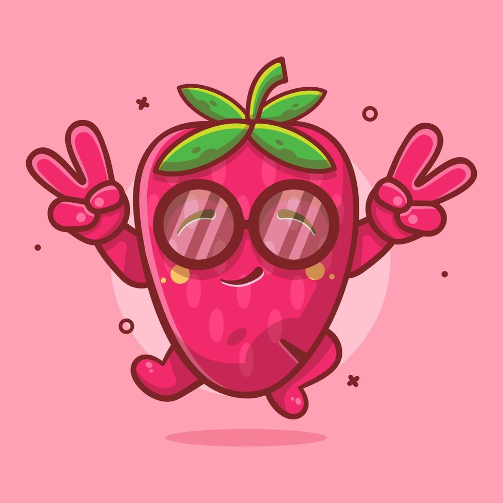 söt jordgubb frukt karaktär maskot med fred tecken hand gest isolerat tecknad serie i platt stil design. vektor
