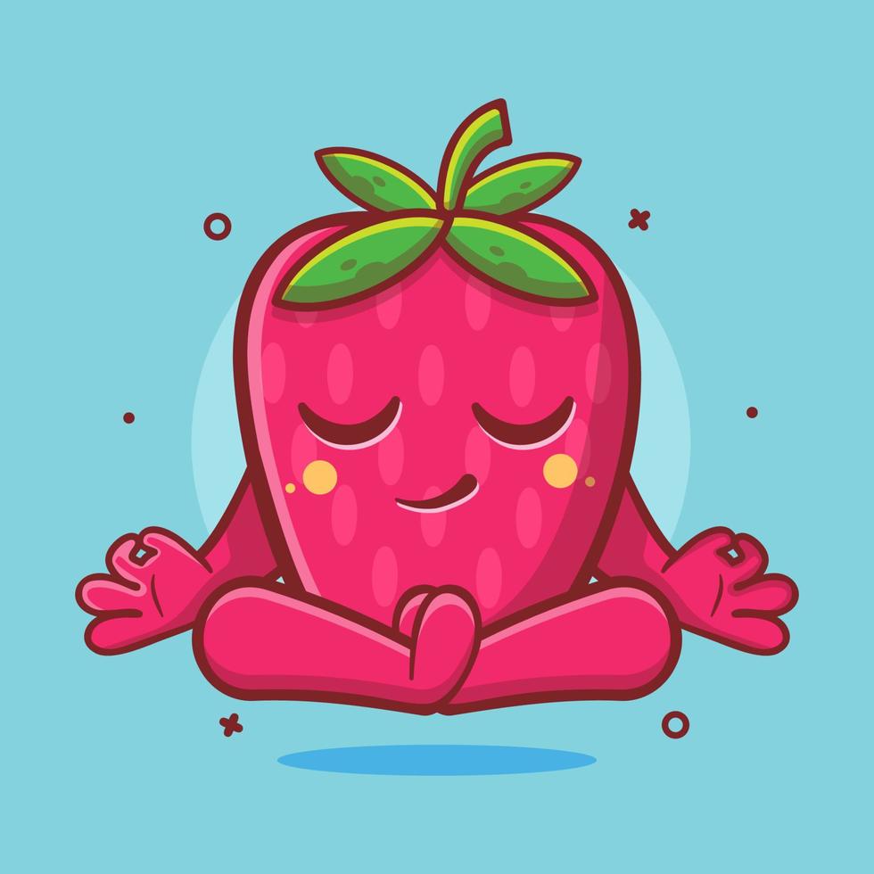 lugna jordgubb frukt karaktär maskot med yoga meditation utgör isolerat tecknad serie i platt stil design. vektor