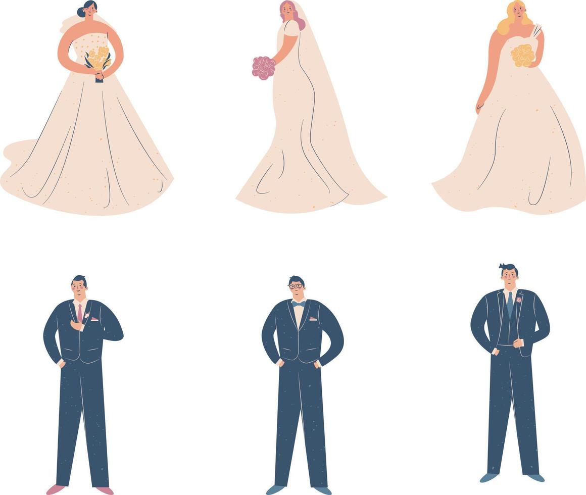 einstellen von Hochzeit Illustrationen. Braut und Bräutigam im Hochzeit Kleid. Vektor Illustration
