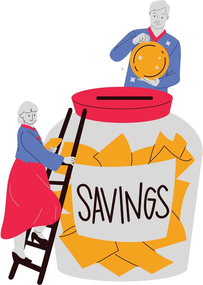 senior man och kvinna med en burk av besparingar. vektor illustration.