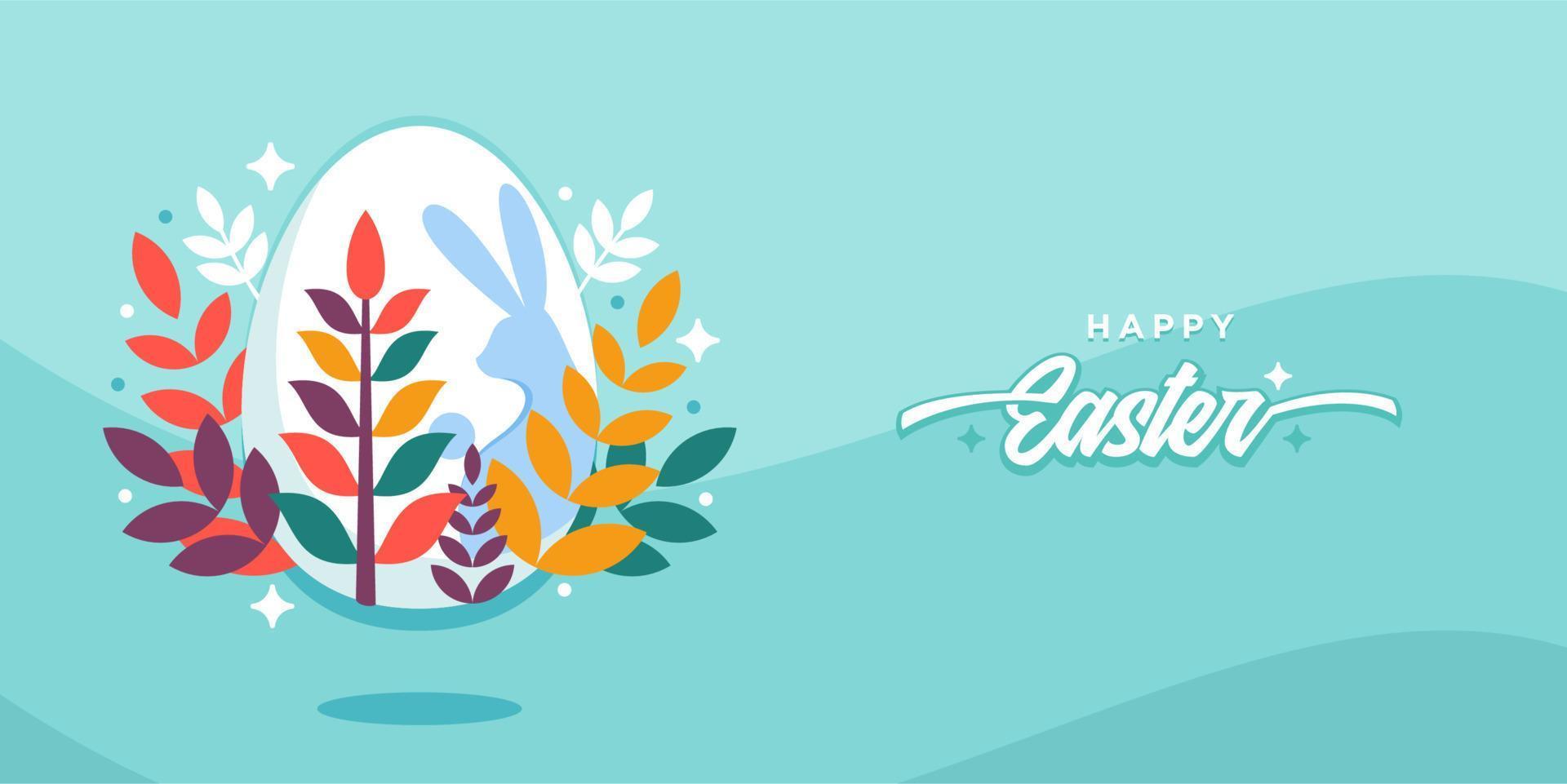 Lycklig påsk baner bakgrund affisch, hälsning kort. trendig påsk design med typografi, kaniner, blommor, ägg, kanin öron, i pastell blå Färg bakgrund. vektor