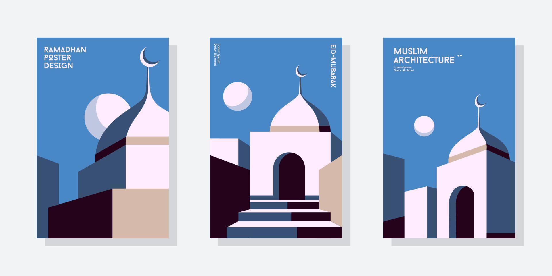 minimal moské arkitektur affisch uppsättning samling. vektor illustration geometrisk stil färgrik islamic ramadan kareem baner, affisch design.