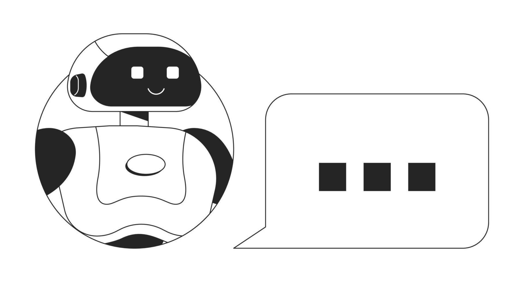 ai följeslagare med chatt bubbla svart och vit begrepp vektor fläck illustration. redigerbar 2d platt svartvit tecknad serie karaktär för webb design. chatbot kreativ linjekonst aning för hemsida, mobil, blog