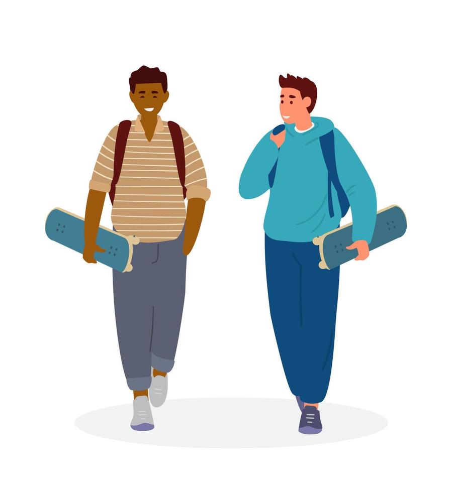 Tonårs Pojkar med ryggsäckar gående innehav skateboards talande. platt vektor illustration. isolerat på vit.