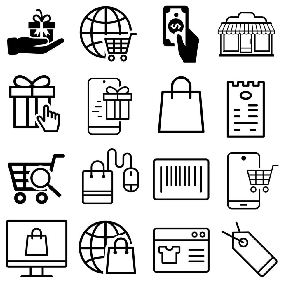 handla ikon vektor uppsättning. e handel illustration tecken samling. eshop symbol.
