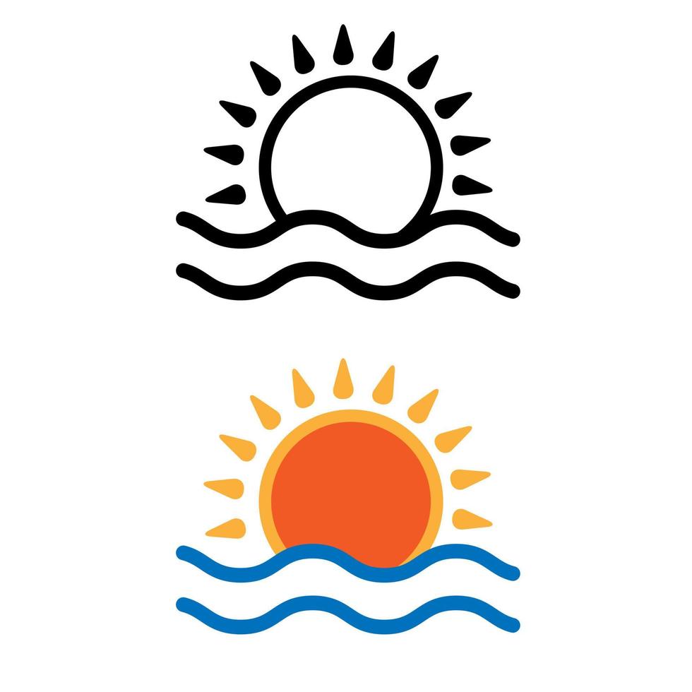 Sonne und Meer Wasser Vektor Symbol. Sonnenaufgang Illustration Zeichen Sammlung. Horizont Symbol. Sonnenuntergang Logo.