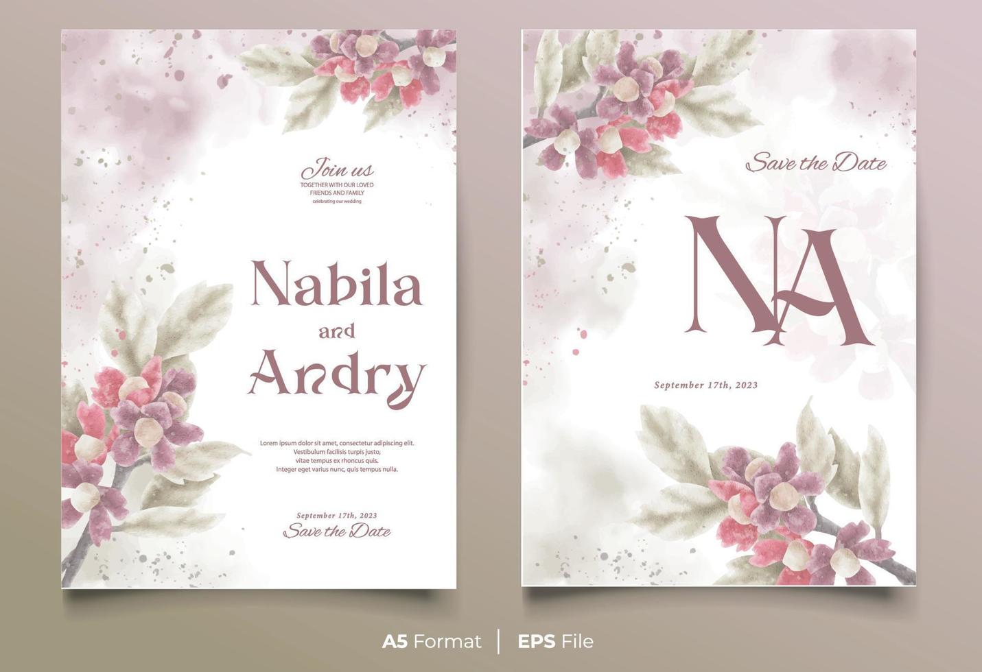Aquarell Hochzeit Einladung Karte Vorlage mit lila und rot Blume Ornament vektor