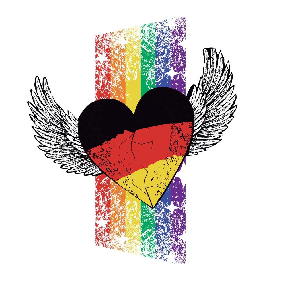 T-Shirt Design von ein geflügelt Herz mit das Farben von das Deutsche Flagge. Vertikale Regenbogen. Illustration zum Fröhlich Stolz Tag im ein europäisch Land. vektor