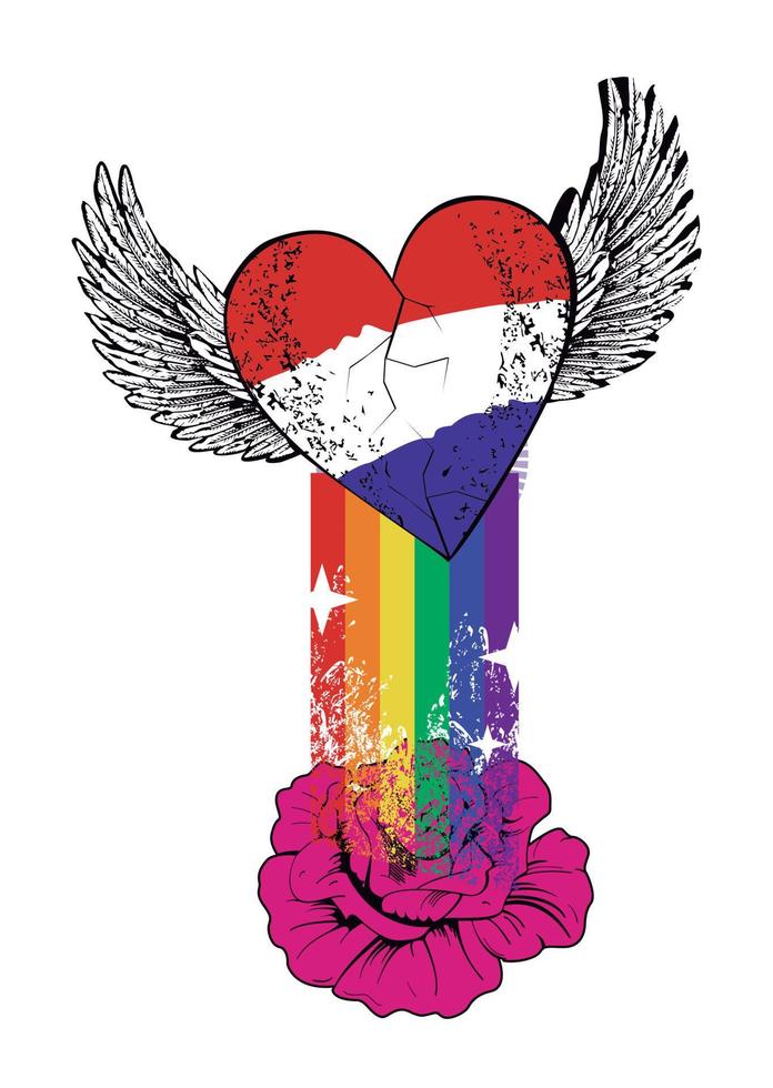 t-shirt design av en bevingad hjärta med de färger av de flagga av de nederländerna och en regnbåge. vektor illustration för Gay stolthet dag.