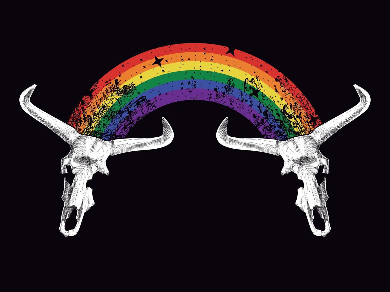 Design zum T-Shirt von zwei gehörnt Tier Knochen trat bei durch ein Regenbogen vektor