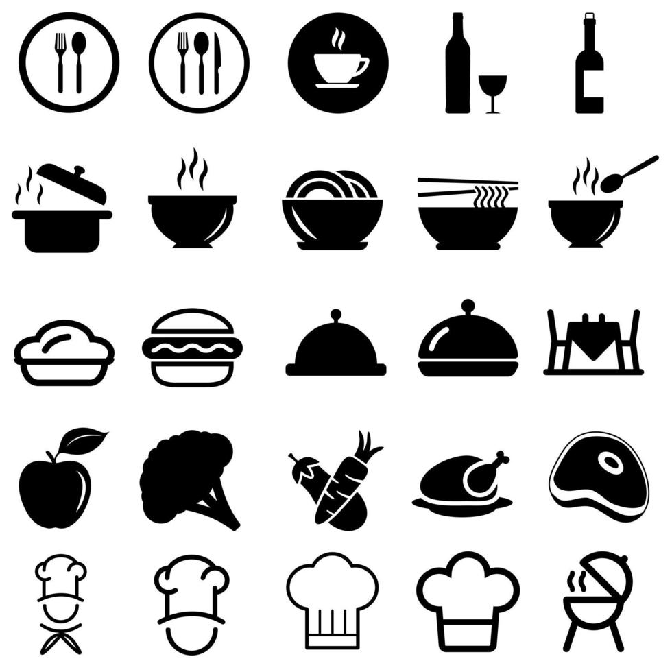 maträtt och meny vektor ikon uppsättning. kök illustration symbol samling. matlagning tecken. restaurang logotyp.