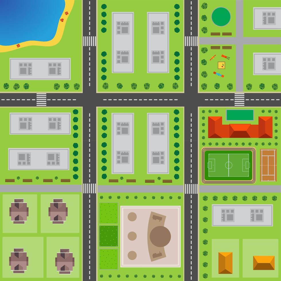 planen av stad. topp se av de stad med de väg, skiljeväg, höghus byggnader, träd, buskar, strand, lekplats, kontor byggnad, konsert hall, stadion, tennis domstol och privat hus. vektor