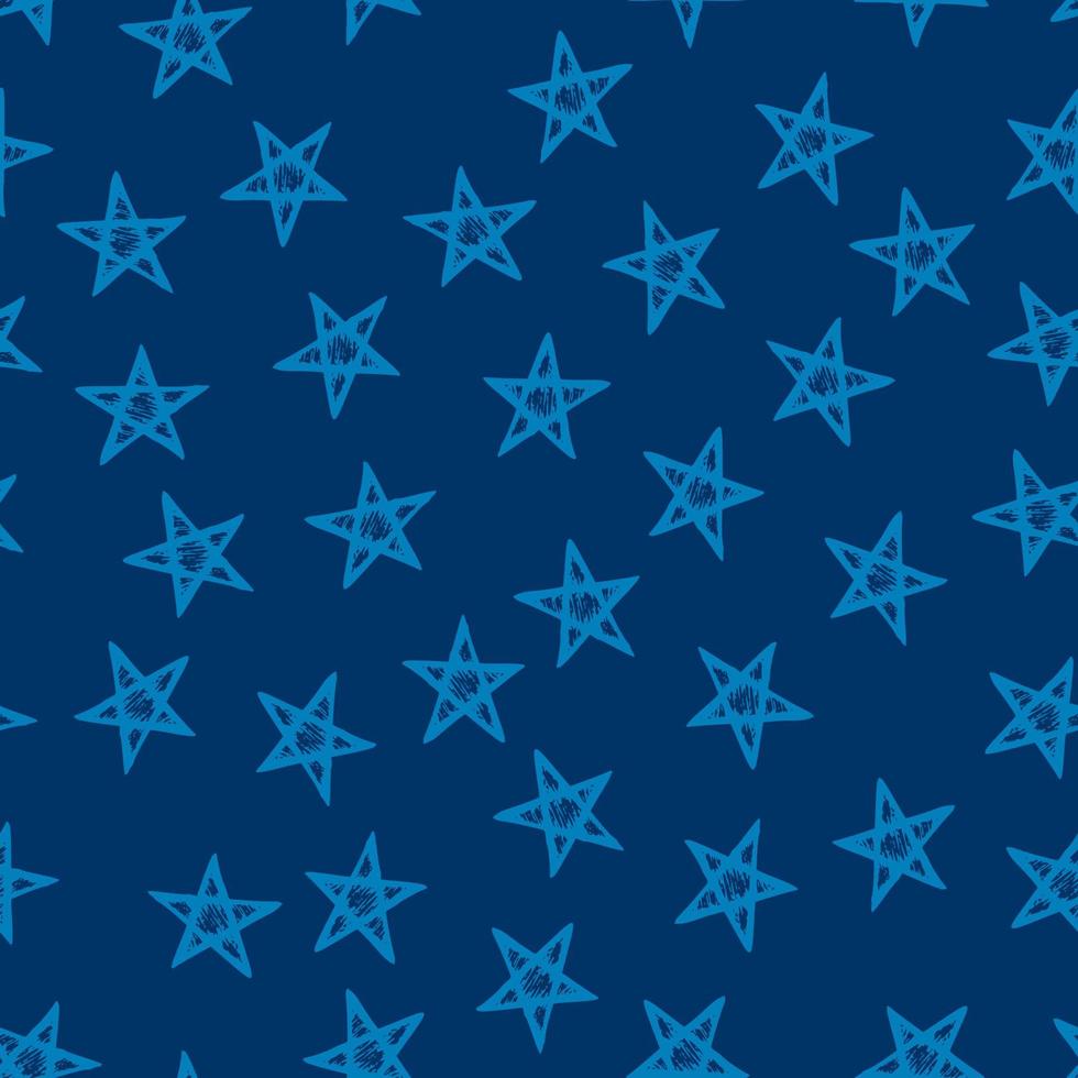nahtloser hintergrund von gekritzelsternen. blaue handgezeichnete Sterne auf blauem Hintergrund. Vektor-Illustration vektor