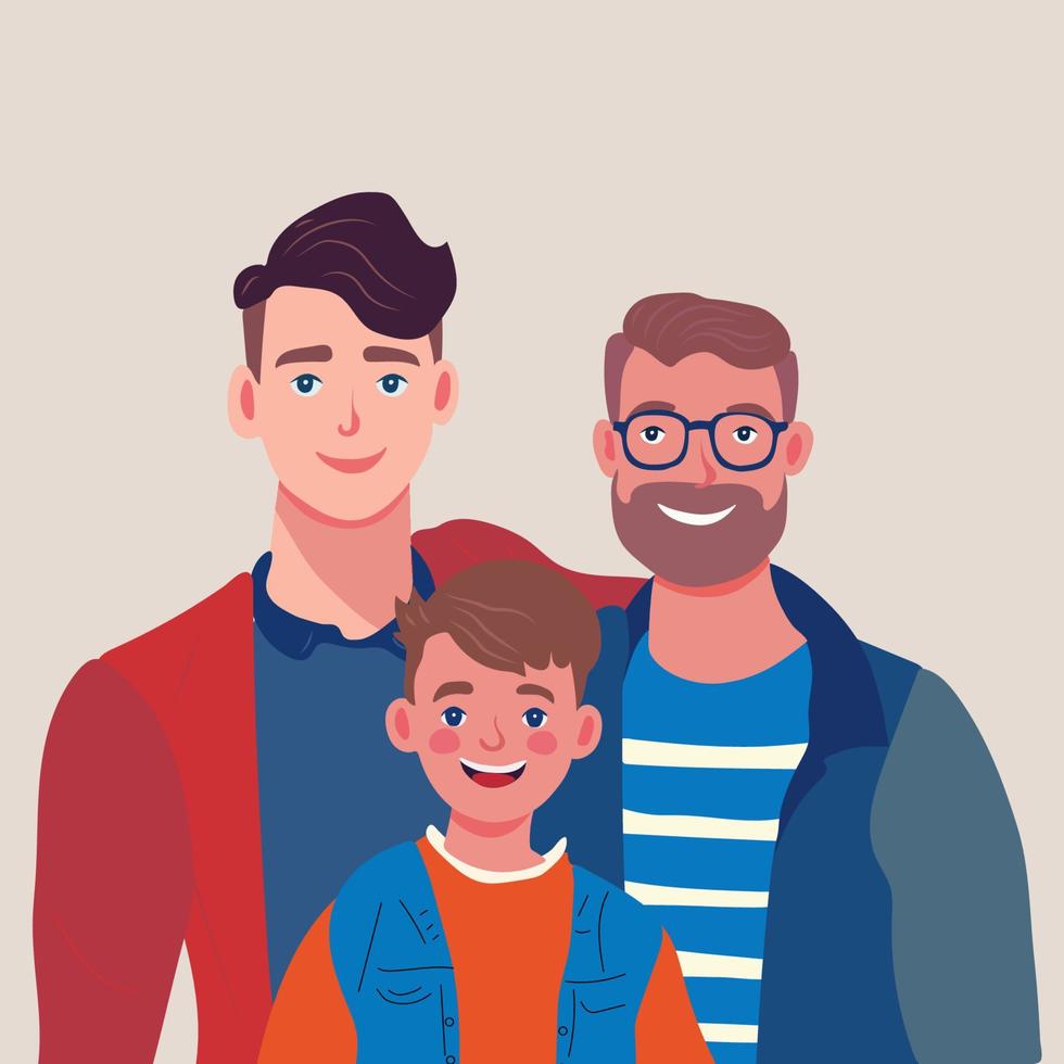 manlig Gay par anta bebis. två Lycklig ung män och barn platt vektor illustration. HBTQ familj, föräldraskap, barn vård begrepp