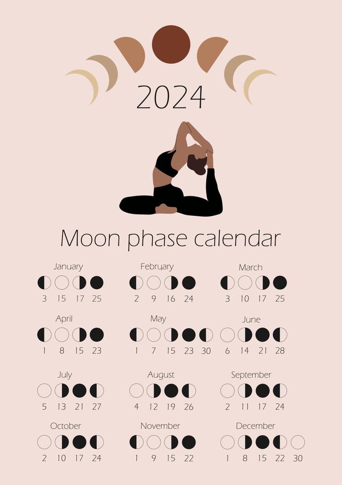 Mond Phasen Kalender 2024 mit ein Mädchen tun Yoga. abnehmend gibbus, Wachsen Halbmond, Neu Mond, voll Mond mit Termine. vektor