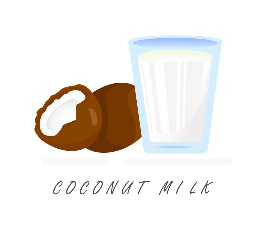realistisch Karikatur Pflanze Milch Banner. bunt Kokosnuss Milch Vektor Illustration. Glas von Milch und Kokosnüsse Etikette isoliert auf Weiß Hintergrund.