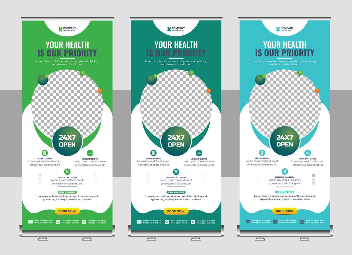 medizinisch Gesundheitswesen Dienstleistungen rollen oben Banner Design, oder Förderung, Ausstellung, Drucken, Präsentation Layout und Konzept zum Krankenhaus Arzt Klinik Dental x standee Banner Layout vektor