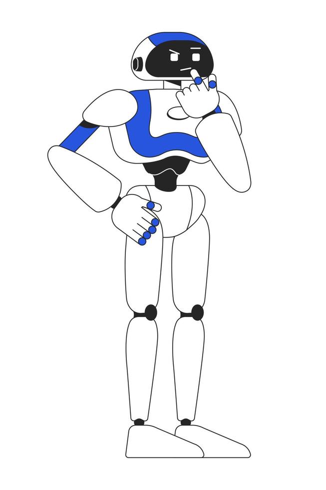Humanoid Roboter im Denken Pose linear eben Farbe Vektor Charakter. editierbar Figur. voll Körper Maschine auf Weiß. dünn Linie Karikatur Stil Stelle Illustration zum Netz Grafik Design und Animation