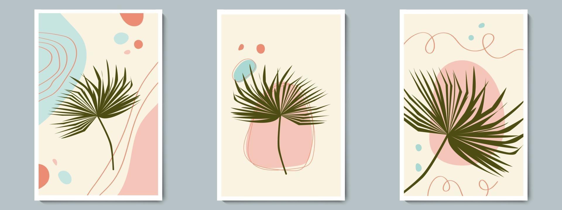 botanische Wandkunst Vektor Poster Frühling, Sommer Set. minimalistische tropische Pflanze mit abstrakter einfacher Form und Linienmuster
