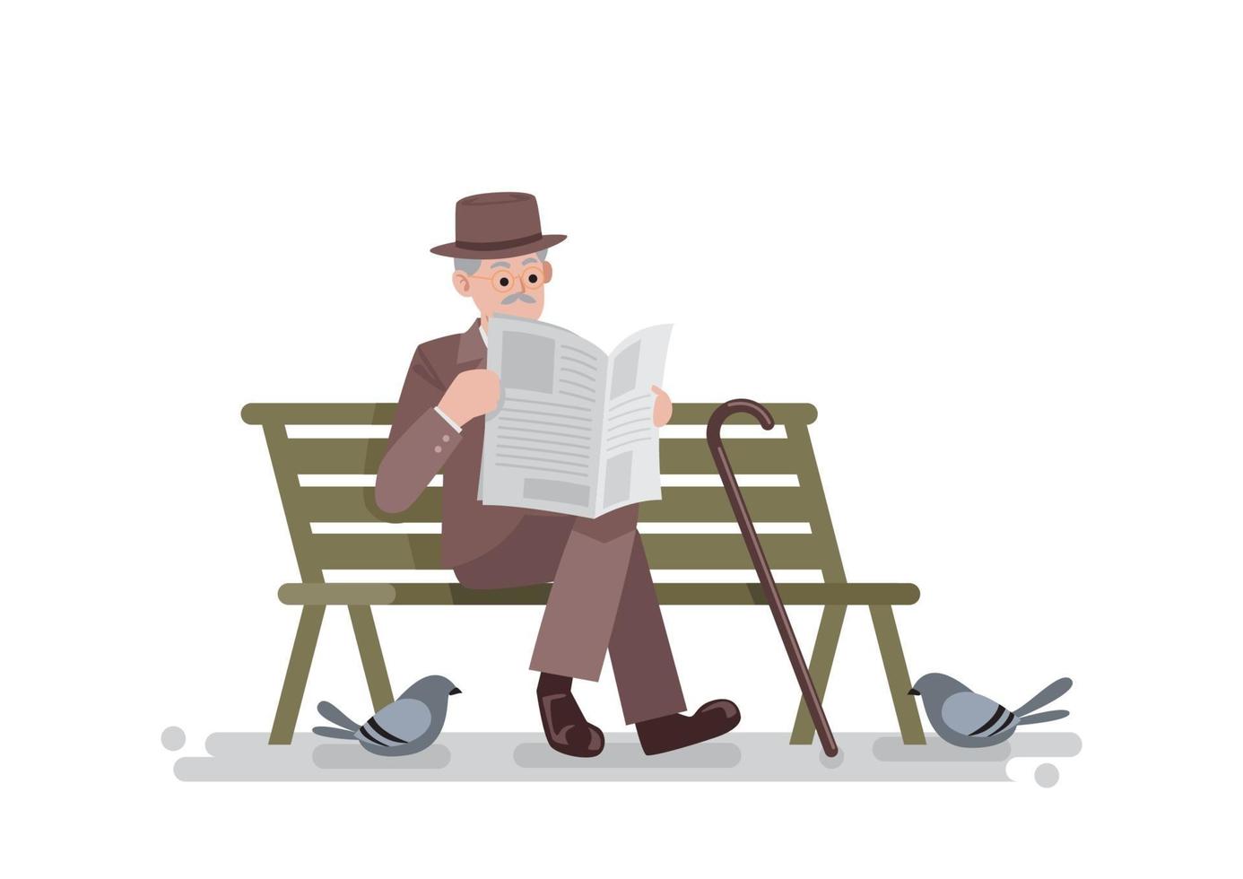 alter Mann im Weinleseanzug, der auf Bank liest Zeitung, Vektorillustration sitzt vektor