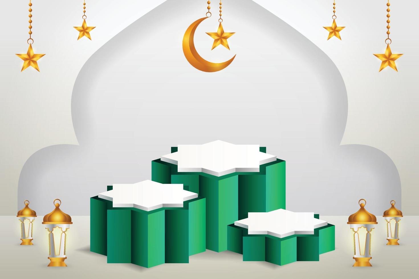 3D-produkt visar grönt och vitt podium-tema islam med halvmåne, lykta och stjärna för ramadan vektor