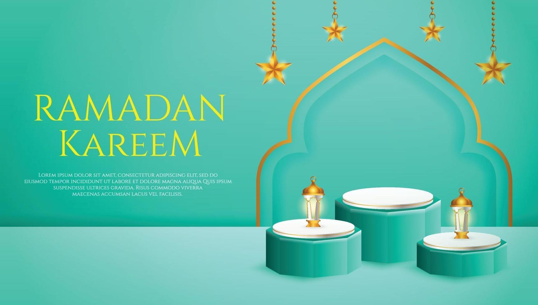 3D-produkt visar blå och vit podium-tema islam med lykta och stjärna för ramadan vektor